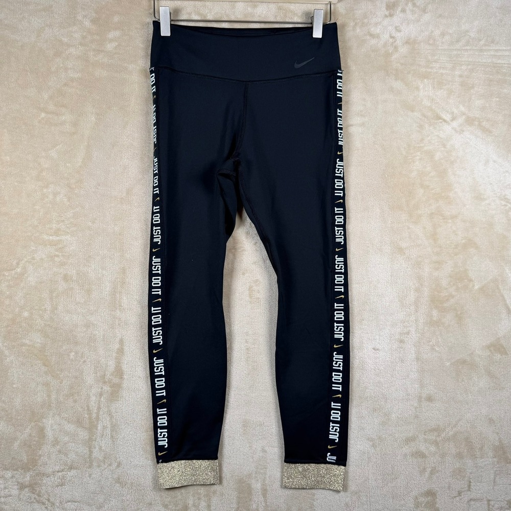 Nike Womens Dri-FIT Just Do‎ It Logo Tape Leggings Black Gold Glitter Medium